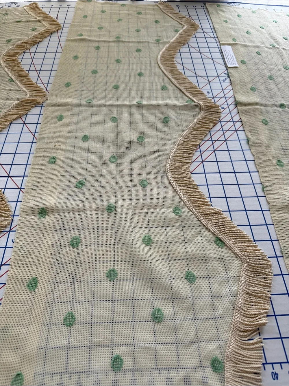Antique 1920s 1930s Valances Set of 3 Fringed Plaid Green Dot Window Curtains